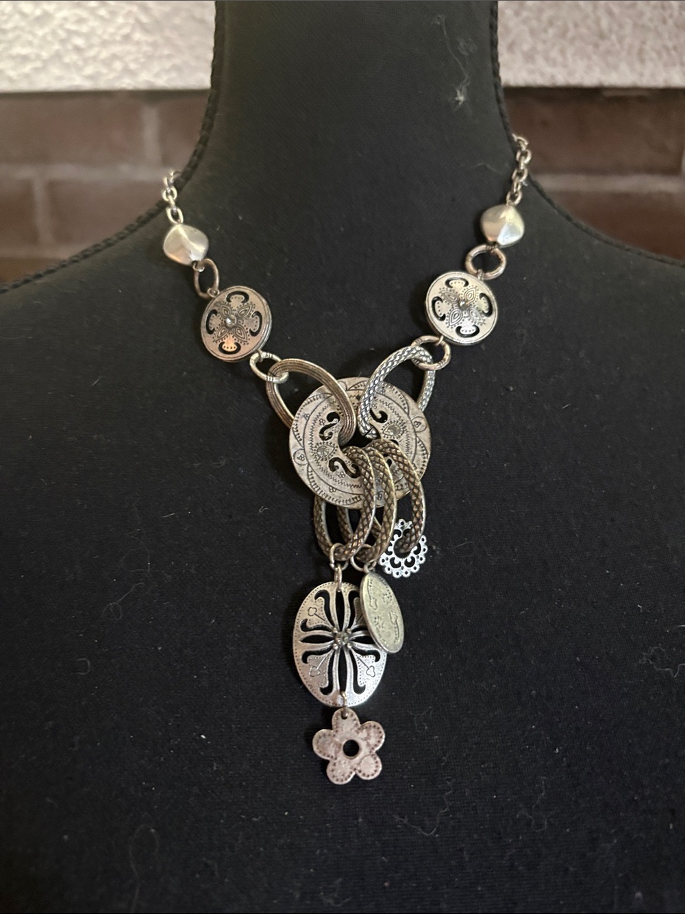 Antique Silver-Tone Multi Charm Pendant Necklace
